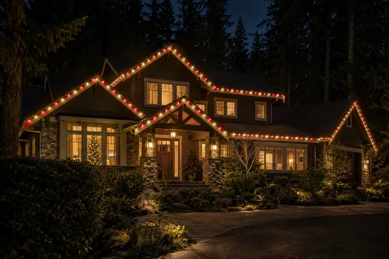 Illustration of a Northwest home outlined in red and warm-white Christmas lights