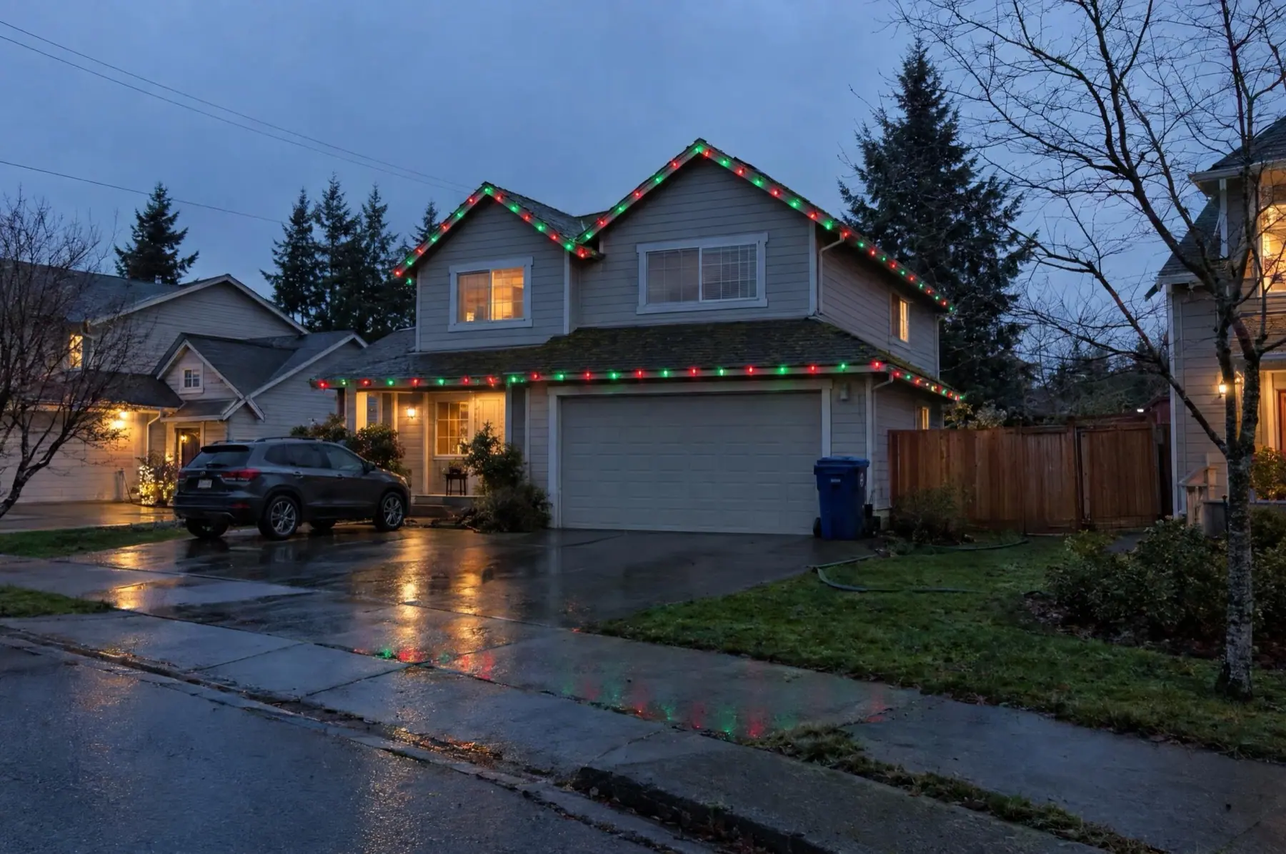 Lighting illustration: Red and green C9 Christmas lights on a home