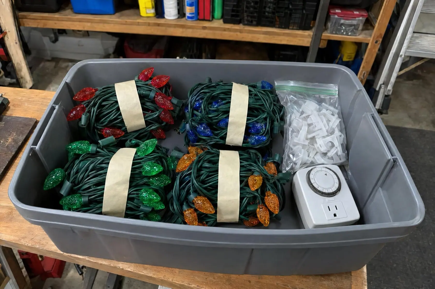 Illustration of stored seasonal lights, clips and a timer